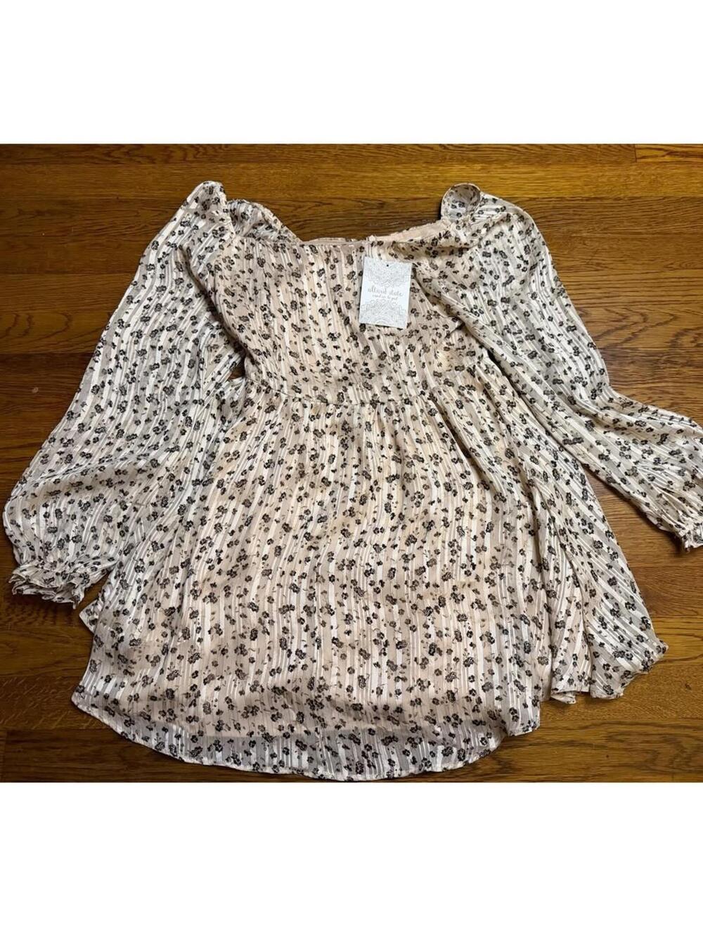 Altar'd State Shimmery Floral Babydoll Dress NWT Gold Stripe S